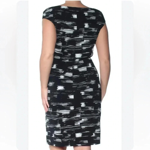 Lauren Ralph Lauren Scuba Knit Faux Wrap Dress 10 Black White Ruched Poly Money - Picture 2 of 10